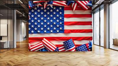 Embrace national celebrations with a festive American flag frame, radiating red, white, and blue. Ideal for commemorating events and showcasing patriotic pride throughout the year. Wall mural