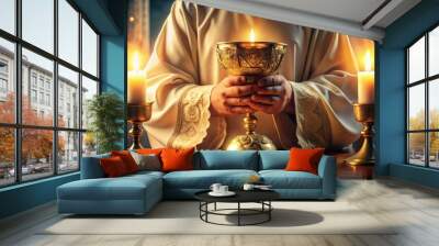 Ethereal light falls on consecrated hands holding ornate chalice amidst candlelit altar Wall mural