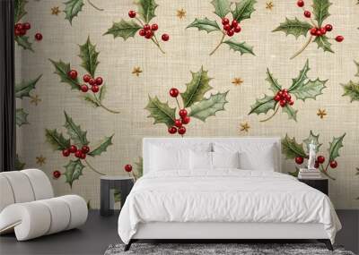 Faded Embroidery with Scattered Holly: Delicate faded embroidery on a neutral background, featuring scattered holly motifs, creating a subtle and ethereal effect. Wall mural