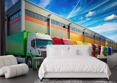 Heavy-duty lorries occupy the distribution region next to the industrial facility's warehouse and storage area, optimizing delivery processes and operational efficiency within the complex. Wall mural