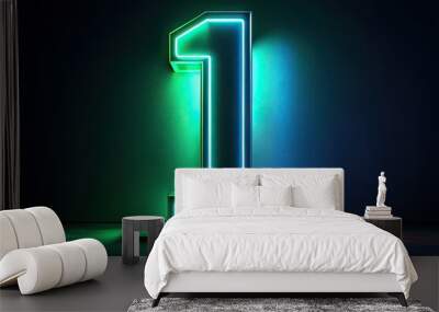 Illuminated 3D depiction of the number one, bathed in green-blue neon lights on a dark background, representing the idea of first place in a striking visualization. Wall mural