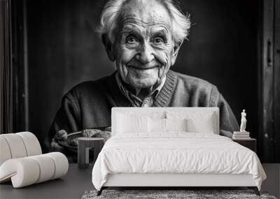 Moody black and white portrait of elderly neighbor holding freshly baked cookies symbolizing kindness and generosity in everyday life Wall mural