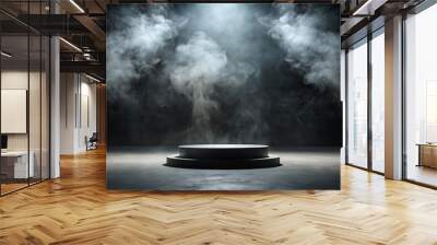 Mysterious dark podium stands on a black floor amidst swirling smoke, set against a concrete wall, with a spotlight shining down, evoking drama and abstraction. Wall mural