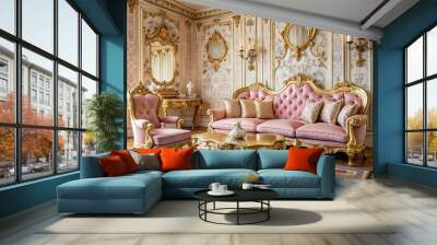 soft pastel pink and gold ornate French inspired tiles ornamental plasterwork intricate carved wooden furniture luxurious velvet upholstery lavish sophisticated interior design Wall mural