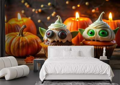 Spooky eyes peek out from behind a jack-o'-lantern as a miniature goblin and ghost enjoy a festive Halloween meal of orange cupcakes and treats. Wall mural