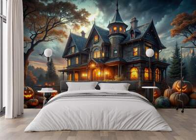 Spooky Victorian mansion transformed into a haunted abode with cobwebs, jack-o-lanterns, and eerie lighting, evoking a supernatural atmosphere on a dark autumn night. Wall mural