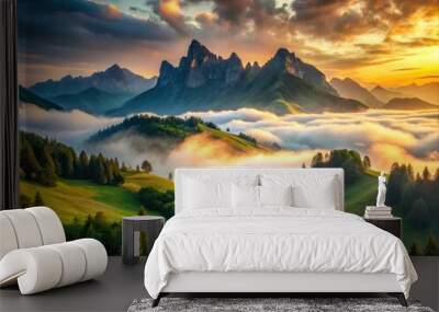 Tranquil mountain scenery, with enchanting fog enveloping verdant hills and towering peaks, creates a serene atmosphere that inspires peace and connection with natureâ€™s beauty. Wall mural