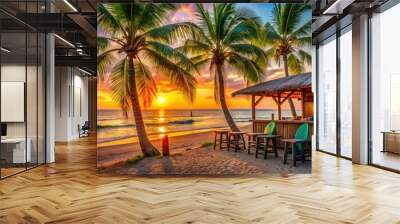 vibrant colorful colorful vibrant morning coffee tropical bar coastal beach palm trees surfboard summer morning sunrise Wall mural