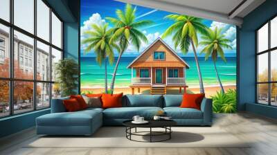 Vibrant colorful flat icon of tropical beach house with palm trees and ocean view for vacation real estate marketing Wall mural