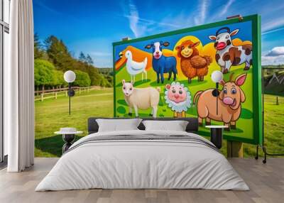 Vibrant colorful petting zoo sign featuring adorable hand-drawn illustrations of friendly farm animals against bright green grass and sunny blue sky Wall mural