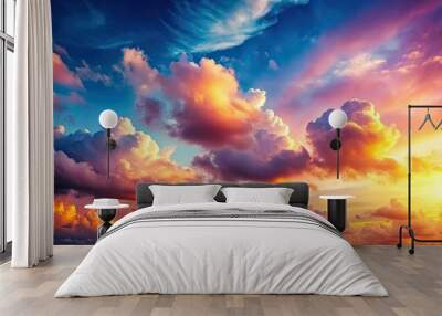 Vibrant gradient sunset sky with fluffy white clouds, soft focus, and subtle texture, ideal for creative compositions and product showcases requiring a calming atmosphere. Wall mural