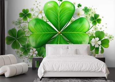 Vibrant green shamrock with delicate leaves and white flowers isolated on a soft white background, symbolizing good luck and Irish heritage on St. Patrick's Day. Wall mural