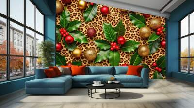 Vibrant leopard-print festive background featuring bright green holly leaves, red berries, and golden ornaments, perfect for adding a playful twist to holiday designs. Wall mural