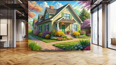 vibrant spring garden home exterior inspection illustration pastel colors whimsical illustrations natural textures overgrown foliage Wall mural