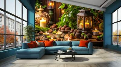 warm glowing lanterns amidst lush greenery and organic vegan desserts like chocolate truffles on rustic wooden table in cozy candlelit ambiance moody organic icon Wall mural