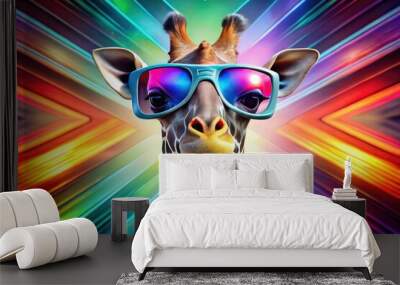 whimsical giraffe wearing a pair of 3d glasses with the oculus logo on the lenses in a bright and colorful futuristic environment Wall mural