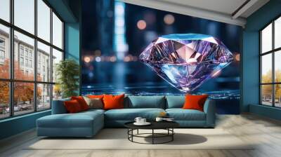 A diamond gemstone with a futuristic skyscraper and city lights, representing modernity and brilliance Wall mural