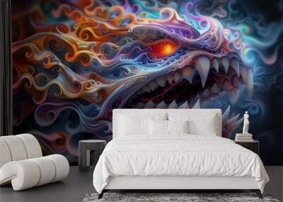 A fang with a surreal dreamscape background featuring abstract shapes and colors Wall mural