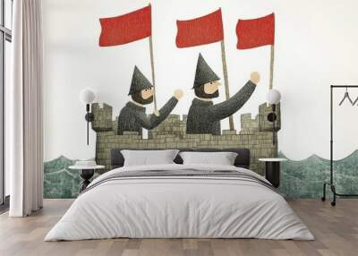 A low-angle perspective of a cartoon fortress ship with two men in black hats, sailing through textured green waves with three red flags blowing in the wind Wall mural