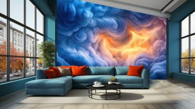 Abstract Swirling Clouds Blue Yellow Orange Background Texture Wall mural