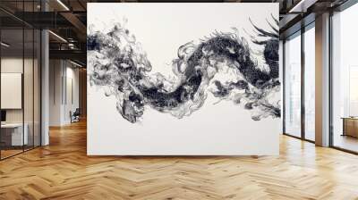 Black Ink Dragon Ascending Abstract White Background Detailed Scales SmokeLike Form Tribal Wall mural