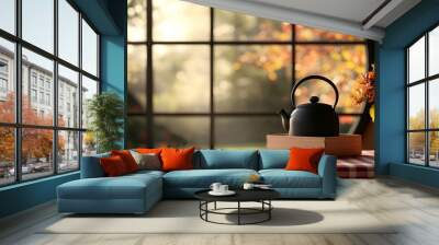 Black Teapot on Windowsill with Autumnal View LowAngle Perspective Soft Light Wall mural