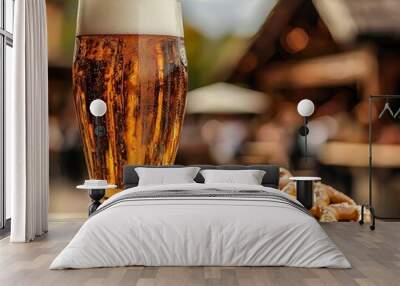 Closeup of a frosty mug of beer and a pile of salty pretzels on a rustic wooden table blurred background Wall mural