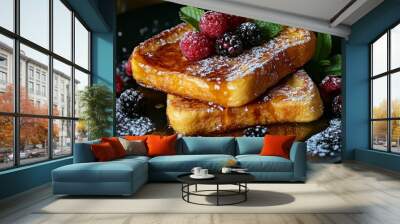 Closeup of Sweet and Savory A Stack of French Toast Topped with Berries Syrup and Powdered Sugar on a Black Plate Wall mural