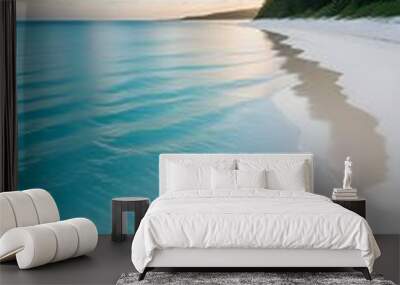 Expansive tropical beach scene with calm turquoise waves, smooth white sand, and a cloudless azure sky above Wall mural