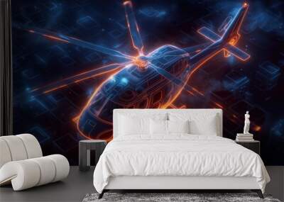 Futuristic Neon Helicopter in Cityscape Wall mural