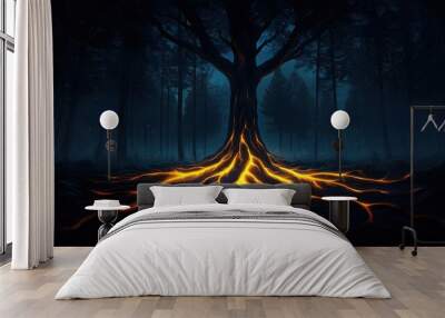 Glowing Tree Roots in Dark Forest Wall mural