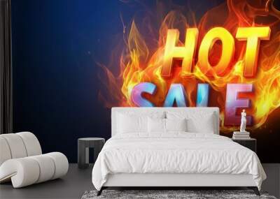 Hot Sale Text in Flames with Blue Background Wall mural