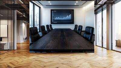 Modern Corporate Conference Room with Sleek Wood Table, Leather Chairs, and Graph Display - Professional Business Interior with Minimalist Design Wall mural