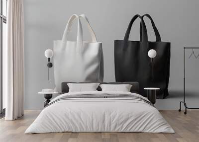 Tatami Texture White Black Tote Bags Minimalist composition showcasing two textured tote bags one white and one black against a simple gray background Tote bag Wall mural