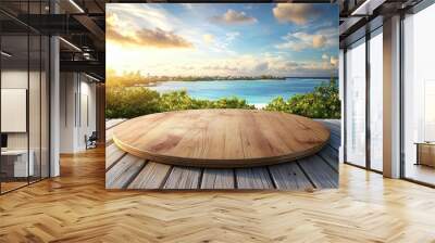 Tropical Sunset A Wooden Table Overlooks a Calm Ocean with Lush Greenery and a Distant Beach Perfect for a Relaxing Evening Wall mural