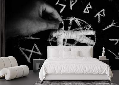 magic doll and White occult symbol on the witchcraft blackboard photo Wall mural