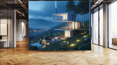 futuristic house in the mountain at night Wall mural