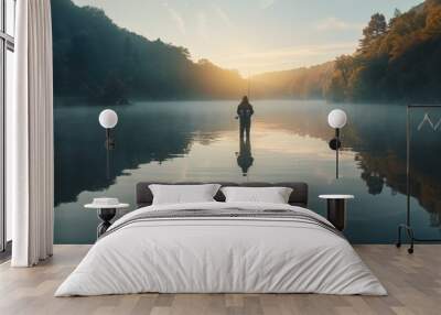 Tranquil lake fishing at dawn, serenity mirrored in the waters glassy surface Wall mural