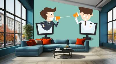 two businessman talking with cup telephone in computer via inter Wall mural