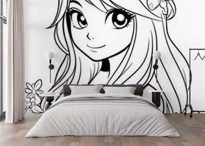  Coloring page for kids, a cute girl with flowers in her hair, in a cartoon style with thick lines and crisp details.  Wall mural