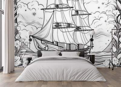 A detailed line art illustration of an old sailing ship on the sea, surrounded by flowers and clouds. Wall mural