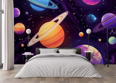 A vibrant vector illustration of colorful planets and stars in space, creating an enchanting galaxy background for a seamless pattern design Wall mural