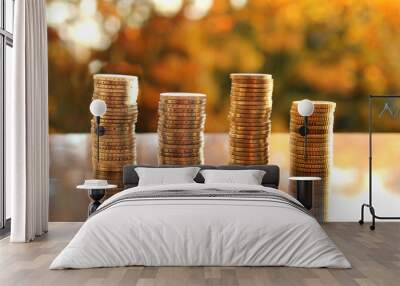 coins stack of EU cash on a blurred background autumn landscape, business concept Wall mural