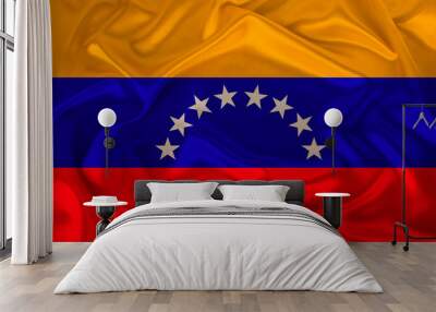 photo of the national flag of Venezuela on a luxurious texture of satin, silk with waves, folds and highlights, close-up, copy space, illustration Wall mural