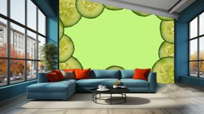 seamless, green pattern of many slices of green fresh vegetables cucumbers, background for the designer with an empty place for text, lettering Wall mural