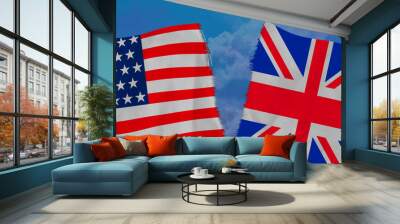 two colored flags on torn fabric, a symbol of international relations between the European Union and America, the concept of global business, the deterioration of political and economic relations Wall mural