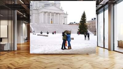 view of Helsinki Cathedral and Statue Of Emperor Alexander II Of Russia on, people walking along winter street, concept holiday, pre-holiday chores citizens, Helsinki, Finland - January 2022 Wall mural