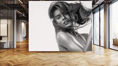 Fashion portrait of sensual woman with hair in hands Wall mural