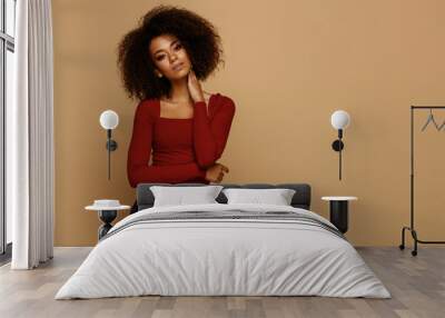 Young african american woman with an afro hairstyle and copy space looking at camera Wall mural