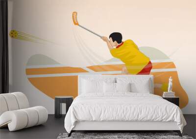 A young athlete in the game of floorball makes a hit with a sports stick on the ball. Wall mural